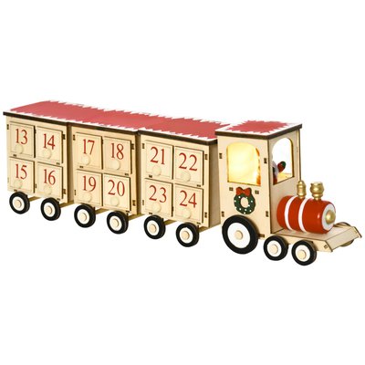 Calendrier de l'Avent train LED blanc chaud 24 tiroirs beige rouge HOMCOM