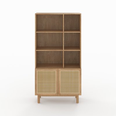 Bibliothèque en bois massif de mindi et rotin - DELYA RENDEZ-VOUS DÉCO
