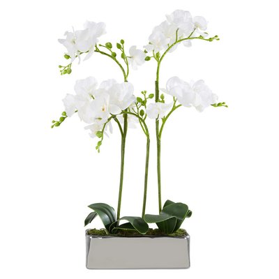 52cm Artificial White Orchid in Silver Finish Pot SO'HOME