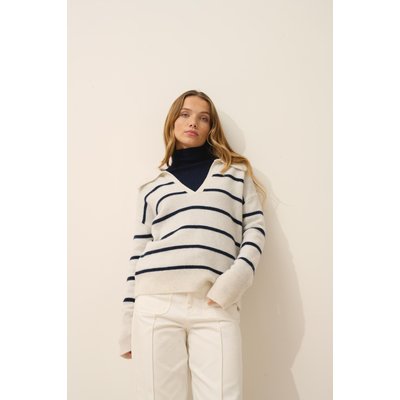 Polo Col V Croisé 4 Fils Bi-Color Blanc Chiné + Navy Amarisse JUST CASHMERE