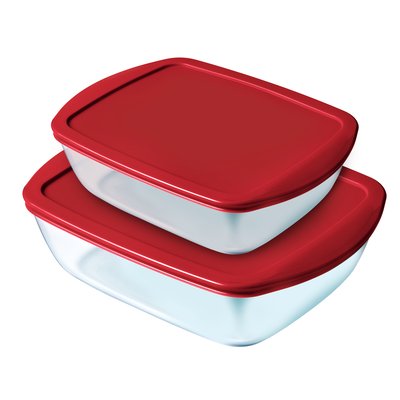 Lot de 2 boites de conservation rectangulaires en verre - couvercle rouge cerise - Cook & Store PYREX