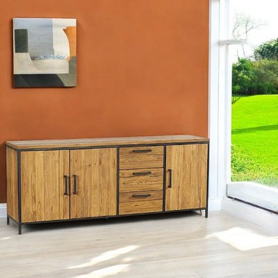 Buffet enfilade en teck massif style contemporain 3 portes poignées en métal 195cm PUNE PIER IMPORT