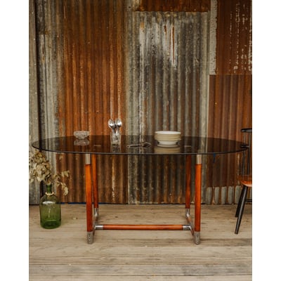 Table à manger en verre et bois Karla N°1299 - Bon état DEBONGOUT
