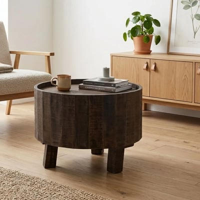 Table basse ronde en manguier foncé avec rangement D60 - FORET HELLIN, DEPUIS 1862
