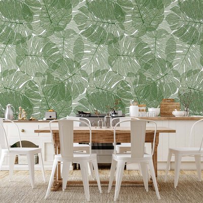 Papier peint feuilles mur de monstera verte HEXOA