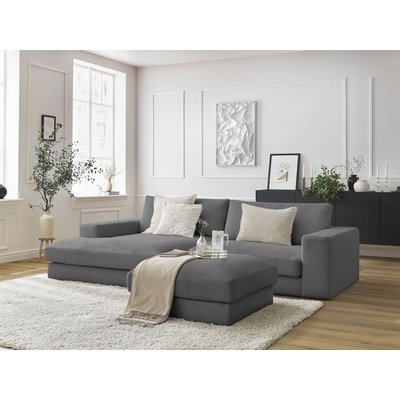 Canapé d'angle fixe 3 places en velours côtelé avec pouf, LEONARD BOBOCHIC