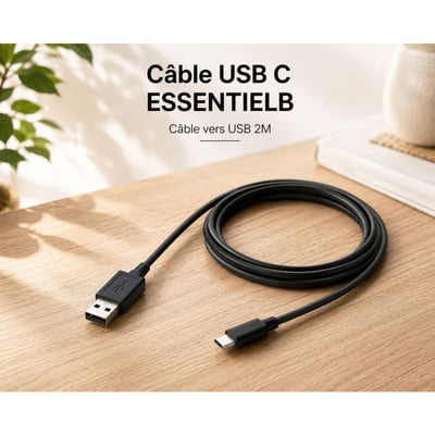 Câble USB C Câble vers USB 2M Noir compatible iPhone 17 16 15 Pro Max, Samsung Galaxy S25 S24 Ultra ESSENTIEL B