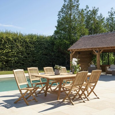 Salon de jardin teck brut table pieds tréteaux 180/240 + 6 chaises bord arrondi SUMMER PIER IMPORT