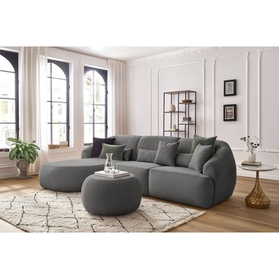 Canapé d'angle fixe 4 places en tissu chiné avec pouf, ALESIA BOBOCHIC