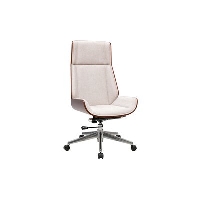 Fauteuil de bureau de direction design en tissu effet velours texturé beige, bois foncé et acier chromé CURVED MILIBOO
