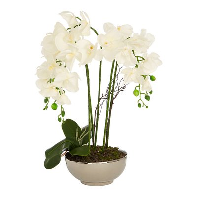 65cm Artificial White Orchid in Silver/Natural Ceramic Pot SO'HOME