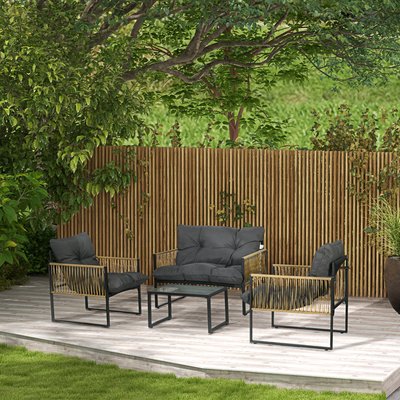 Ensemble salon de jardin  4 places 4 pièces 3 coussins acier résine OUTSUNNY