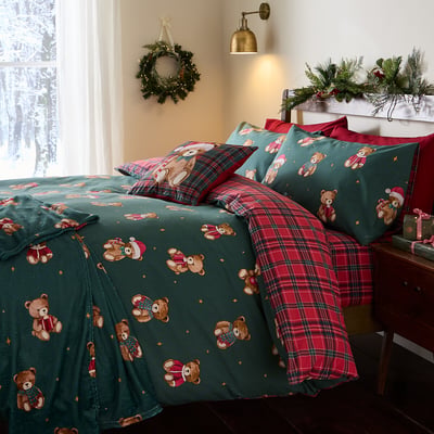Tartan Teddy Bear Christmas Reversible Duvet Cover and Pillowcase Set CATHERINE LANSFIELD