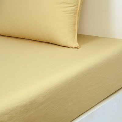 Drap housse en satin de coton lavé bleu, PALERME OLIVIER DESFORGES