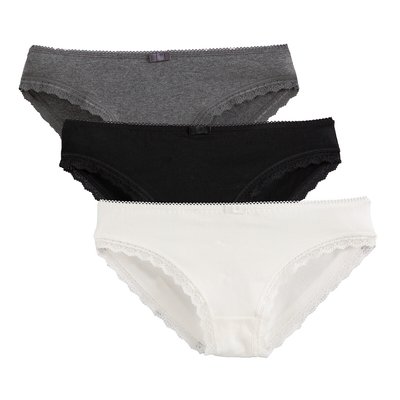 Pack of 3 Knickers in Plain Cotton with Lace Trim LA REDOUTE COLLECTIONS