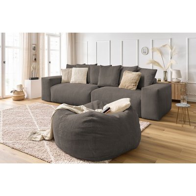 Canapé droit fixe 5 places en velours côtelé avec pouf, VOLTAIRE BOBOCHIC