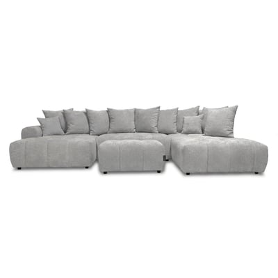 Canapé panoramique convertible 6 places en tissu bouclette avec pouf, ROXELANE BOBOCHIC