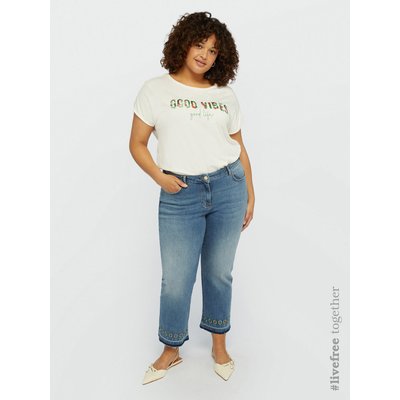 Jean cropped avec broderie en FIL sur le bas, au motif ethnique FIORELLA RUBINO