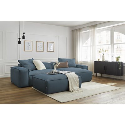 Canapé d'angle fixe 3 places en velours côtelé avec pouf, BOHEME BOBOCHIC