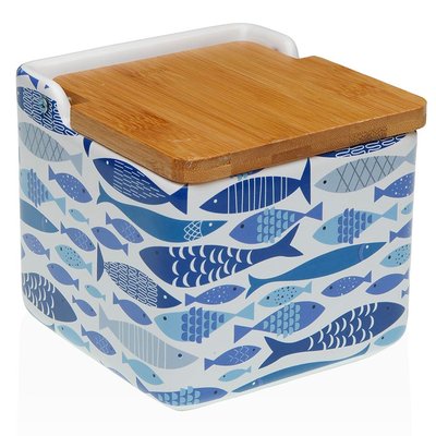 Pot à sel en céramique et couvercle bambou poissons bleus 12x12x11.5cm VERSA