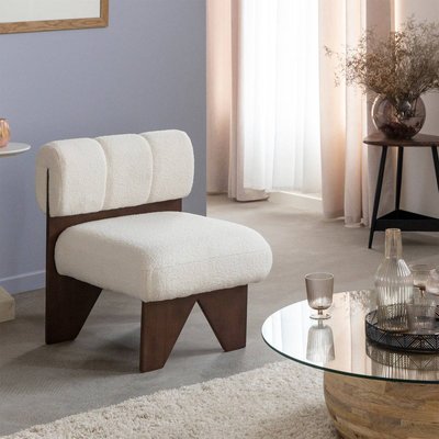 Petit fauteuil carré en tissu bouclette et bois d'hévéa blanc  SOLÉA MADE IN MEUBLES 