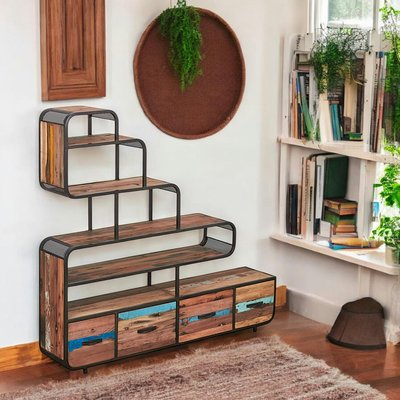 Bibliothèque étagère style industriel bois recyclé et métal 4 tiroirs 5 niveaux DRAKKAR PIER IMPORT