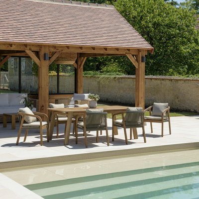 Salon de jardin table acacia et 6 fauteuils cordage vert avec coussins BAHIA PIER IMPORT
