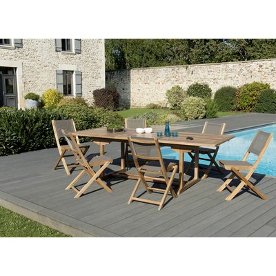 Salon de jardin bois de teck table de jardin extensible rectangulaire 180/240x100cm + 6 chaises pliantes textilène SUMMER PIER IMPORT