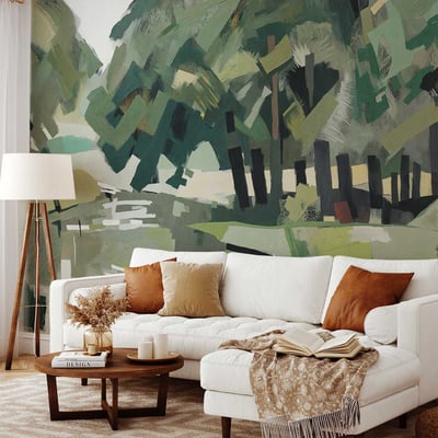 Papier peint Sous-bois cubiste vert olive HEXOA