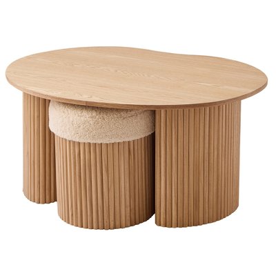 Table basse et 2 poufs, bois et bouclette, ARVIKA NORDLYS