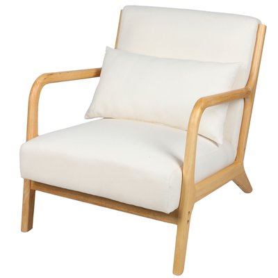 Fauteuil en bois d'hévéa et coussins blancs 77x65x73cm WADIGA