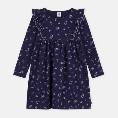 Robe manches longues, avec volants, imprimé floral, en coton PETIT BATEAU