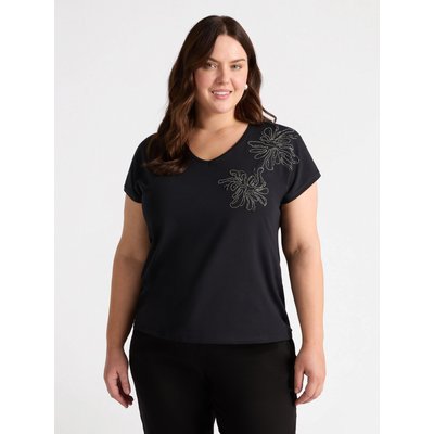 T-shirt con ricamo floreale in perline e catene a sinistra FIORELLA RUBINO