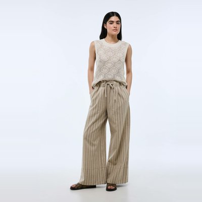 Pantalon rayé taille élastiqué large en lin et coton MONOPRIX
