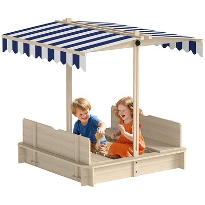 Bac à sable carré en bois pour enfant bancs couvercle auvent réglable OUTSUNNY