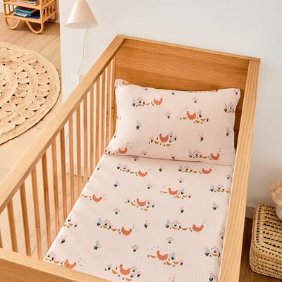Drap-housse bébé, en gaze de coton bio, bonnet 17 cm, imprimé poules, POULETTE LA REDOUTE INTERIEURS