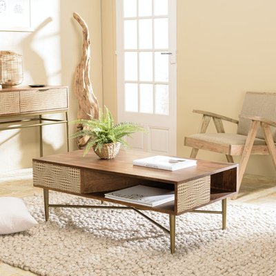 Table basse rectangulaire plateau bois semi ouvert pieds dorés KANHA PIER IMPORT