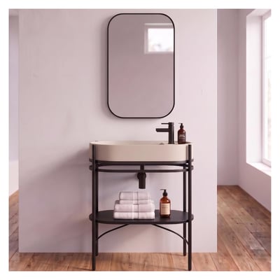 Meuble simple vasque sur pieds 80cm en métal noir et vasque béton et robinet noir et miroir MOB IN