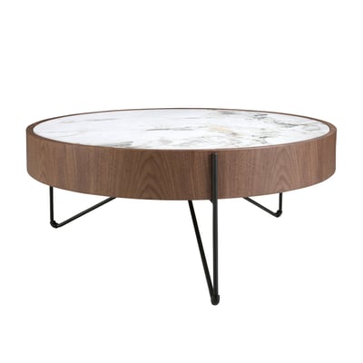 Table basse ronde en marbre porcelaine, noyer et acier ANGEL CERDA