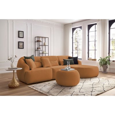 Canapé d'angle fixe 4 places en tissu bouclette avec pouf, ALESIA BOBOCHIC