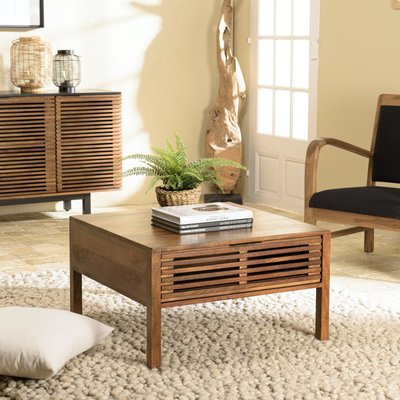 Table basse carrée 70x70 cm bois exotique 2 tiroirs opposés KANHA PIER IMPORT