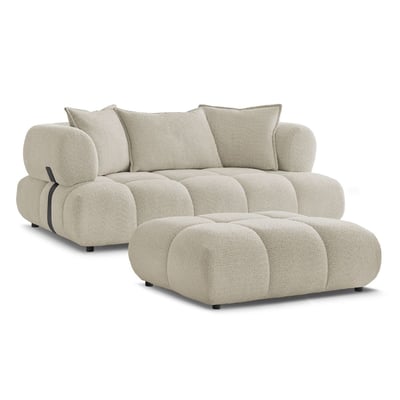 Canapé droit fixe 2 places en tissu bouclette avec pouf, ALYA BOBOCHIC