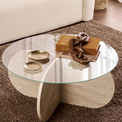 Table basse en verre - pied en croix effet travertin SALTA PIER IMPORT