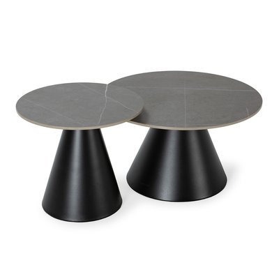 Lot de 2 tables basse rondes en Pierre fritée grises et métal noir - LOUNA CALICOSY