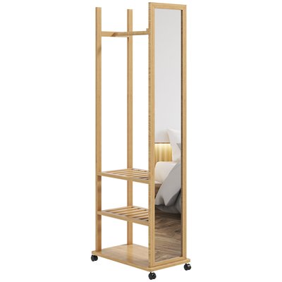 Miroir sur pied avec roulettes - portant, 3 étagères - bois de jabon verni HOMCOM
