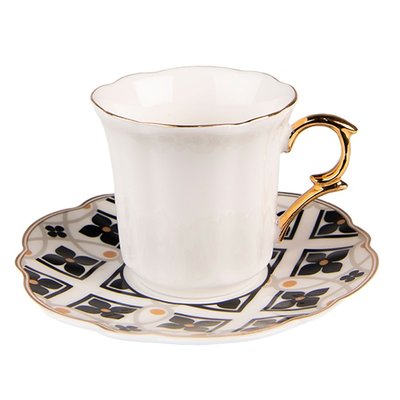 Tasse à café avec dessous de tasse en porcelaine blanc, noir, doré 95ml WADIGA