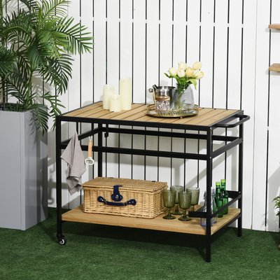 Desserte de jardin en bois et métal 2 étagères 3 crochets noir naturel OUTSUNNY