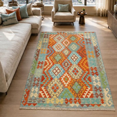 Tapis d'orient ethnique authentique, tissé plat en laine naturelle UN AMOUR DE TAPIS