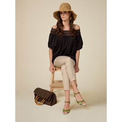 Pantalon basique à cinq poches en satin de coton stretch de couleur unie OLTRE
