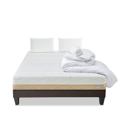 Pack Leman 90x190 cm Matelas Mousse + Sommier Bois + Accessoires BELLECOUR